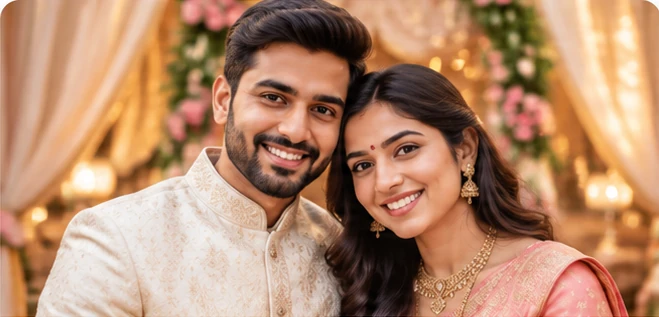 Newly married Indian couple in traditional wedding attire