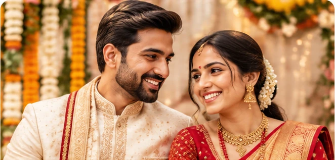 Indian bride and groom posing together
