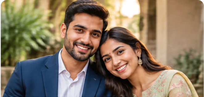 Indian couple smiling together on their wedding day